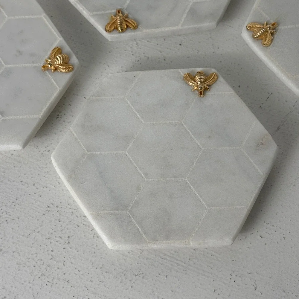 White Marble Hexagon Honeycomb Coasters with Gold Bumble Bee Accents Set of 4